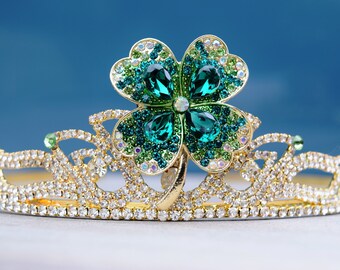 Spilla Quadrifoglio Portafortuna San Patrizio - Cristallo Verde Cuore, Gioiello Irlandese In Argento 925 Per Donne