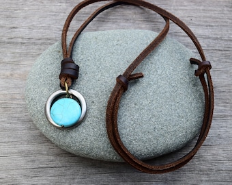 Men's Leather Turquoise Howlite Stone Necklace, Adjustable, Gunmetal O Ring, Gift for Him / Husband / Boyfriend, Mixed Metals w Blue Stone