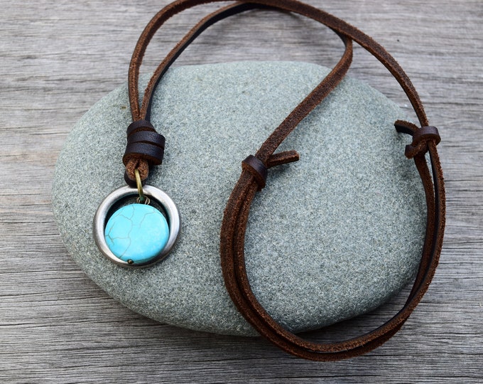 Men's Leather Turquoise Howlite Stone Necklace, Adjustable, Gunmetal O Ring, Gift for Him / Husband / Boyfriend, Mixed Metals w Blue Stone