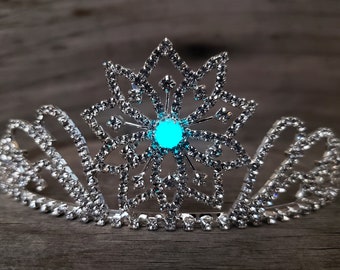 Ice Queen Tiara, Elsa Costume Crown, Silver Frozen Snowflake Glass Rhinestone Tiara, Winter Wedding, Glow in the Dark Option, Snow Queen