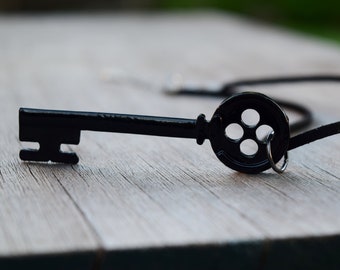 Coraline Key Necklace or Choker, Metal Black Button Skeleton Key Chain, Key Ring, Keychain, Other Mother Cosplay Costume Prop Passkey