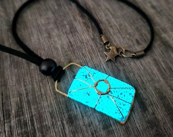 Wyatt's Werewolf Glowing Necklace 2, Zombies Fan Gift,  Wyatt Costume, Blue Glow in the Dark Wire Wrapped Rectangle Necklace