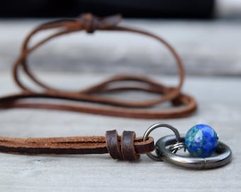 Leather Lapis Lazuli Chrysocolla Stone Necklace, Men's Adjustable Brown Leather Necklace, Womens Unisex Gunmetal O Ring w/ Blue Green Stone