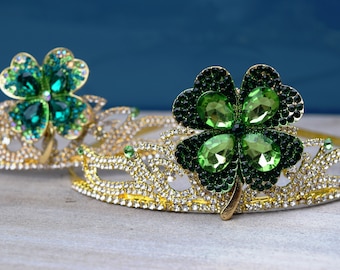 St Patrick's Day Tiara, Four Leaf Clover Headband, Irish Shamrock Saint Paddy's Day Tiara, Pub Crawl Gold Tiara with Green Rhinestone Clover