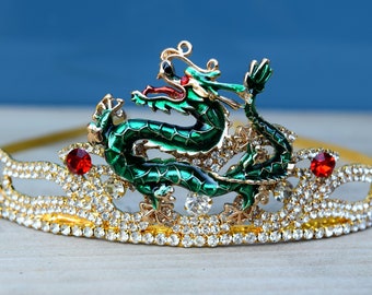 Green Dragon Tiara, Lunar New Year Crown, Chinese New Year 2024 Dragon Hair Jewelry, Year of the Dragon Zodiac Sign, Spring Festival Tiara