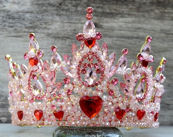 The Good Queen of Hearts Crown, Pink Crown with Red Hearts, XL Pink Rhinestone Crystal Crown with Spikes, Rise of Red Bridget Cosplay