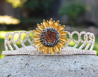 Sunflower Tiara, Flower Girl Crown, Rhinestone Tiara for Outdoor Garden Wedding, Sunflower Theme Party, Garden Fairy Headband