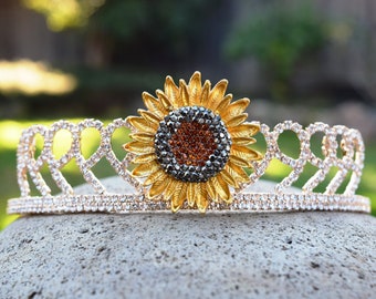 Sunflower Tiara, Flower Girl Crown, Rhinestone Tiara for Outdoor Garden Wedding, Sunflower Theme Party, Garden Fairy Headband