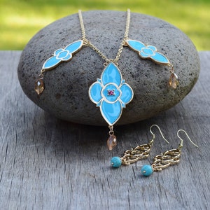 Jasmine Aladdin Earrings & Necklace, 2019 Live Action Movie Reproduction, Blue Gold India Dangle Earrings, Jasmin Cosplay Costume Set