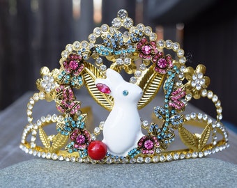 Easter Tiara, Easter Bunny Crown, Easter Pageant Crown, Gold Rhinestone Tiara for Easter Party, Ball, Gold Bunny Rabbit Floral Wreath Tiara