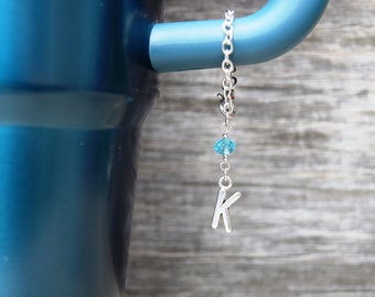 Tumbler Cup Charm, Initial Charm for 30oz or 40oz Tumbler, Blue Crystal and Silver Letter Charm for Cup with Handle, Tumbler Accessory