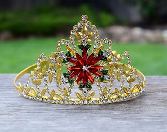 Christmas Tiara, Poinsettia Crown, Holiday Pageant Crown, Gold Rhinestone Tiara for Christmas Party, Ball, Nutcracker, Poinsettia Tiara