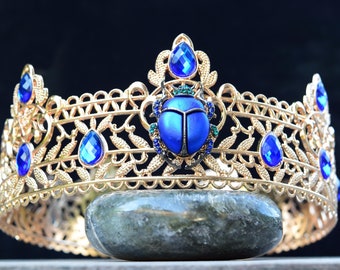 Khepri Scarab Crown, Metal Gold & Blue Egyptian Kings Crown, Boys or Womens Scarab Beetle Full Crown, Pharaoh Costume, Cave of Wonders Crown