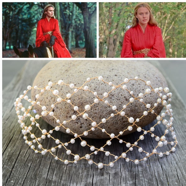 Princess Buttercup Headband, Gold Wire Mesh Faux Pearl Hairband, Princess Bride Red Dress Costume Cosplay Pearl Headpiece, Pearl Headdress