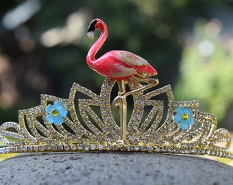 Pink Flamingo Tiara, Luau Pool Party Crown, Hawaiian Theme Birthday Headband, Tropical Tiara, Flamingo Fan Gift, Hula Costume, Tiki Crown