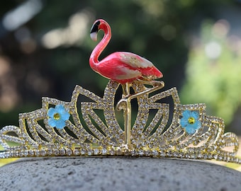 Pink Flamingo Tiara, Luau Pool Party Crown, Hawaiian Theme Birthday Headband, Tropical Tiara, Flamingo Fan Gift, Hula Costume, Tiki Crown