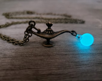 Aladdin's Magic Lamp Necklace, Glow in the Dark Genie Lamp, Unique Glowing Aladdin Gift for Fan, Aladdin Costume, Keychain Key Ring Option