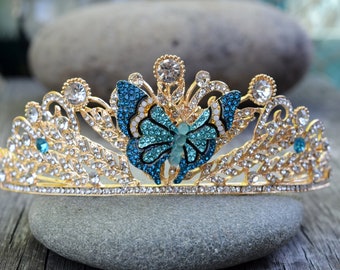Blue Butterfly Crown, Gold Butterfly Tiara, Something Blue, Flower Girl Headband, Rhinestone Butterfly, Cinderella Butterfly Princess