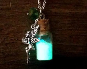 Glow in the Dark Fairy Necklace, Glowing Tinkerbell Necklace, Glowing Pixie Powder, Bottle Necklace, Little Girl Gift for Her,  Fairy Lover