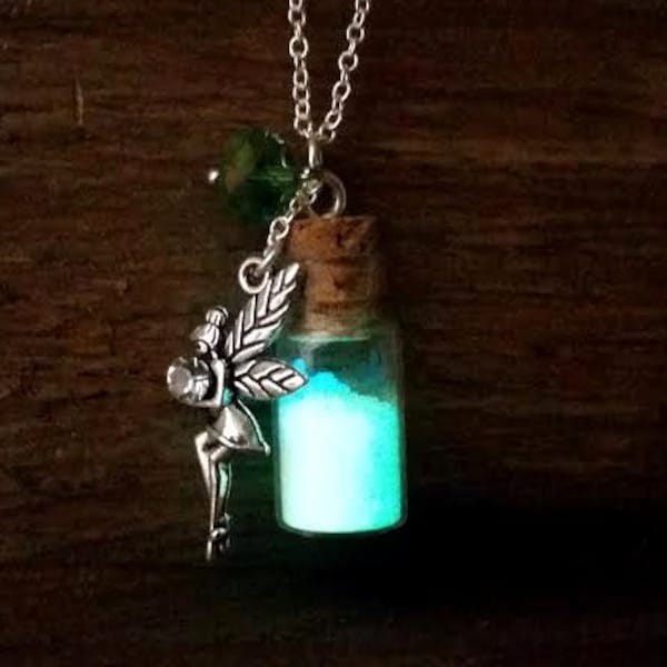 Glow in the Dark Fairy Necklace, Glowing Tinkerbell Necklace, Glowing Pixie Powder, Bottle Necklace, Little Girl Gift for Her,  Fairy Lover
