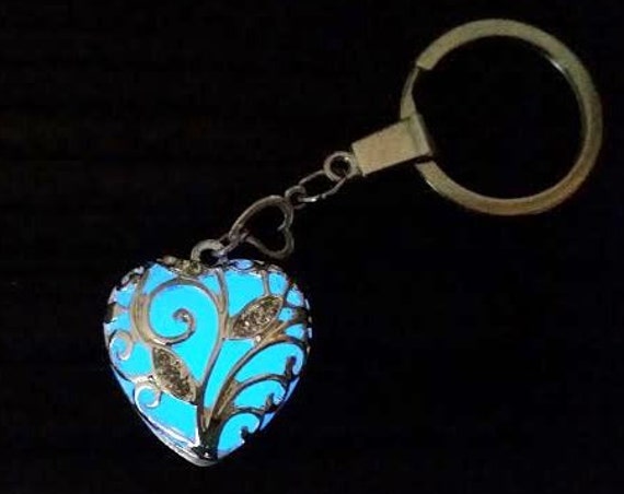 Glowing Heart Keychain, Valentines Gift for Her, Aqua Glow in the Dark Heart Key Chain, Glowing Blue Heart Key Ring, Mother's Day Gift