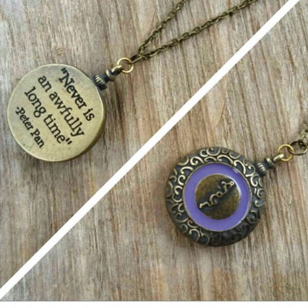 SALE Peter Pan Quote Necklace, "Never is an Awfully Long Time," Peter Pan Jewelry, Peter Pan Clock, Big Ben, Two Sided Necklace, Neverland