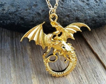 Gold Dragon Necklace, Descendants Mal Costume Necklace, Large Gold Dragon, Dragon Cosplay, LARP, Disney Fan, Mal Dragon Necklace