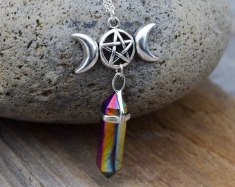 Triple Moon Crystal Necklace, Rainbow Titanium Treated Crystal w Pentagram, Triple Moon Goddess Wiccan Jewelry, Pagan Spiritual Necklace