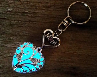 Mothers Day Gift Keychain, Blue Mom Glow in the Dark Heart Key Chain, Gift for Mom, Valentine's Day Gift for Mom, Glowing Heart Key Ring