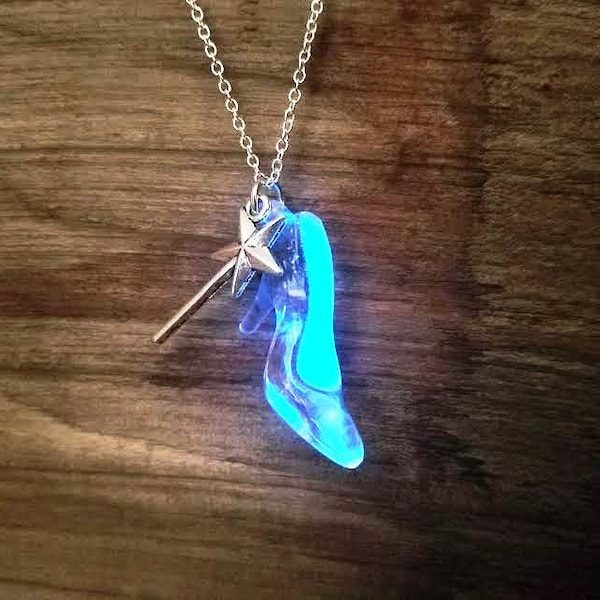 Glow Cinderella Necklace, Glass Slipper Necklace, Magic Wand Necklace, Glow in the Dark, Fairy Godmother Necklace, Little Girl Jewelry Gift