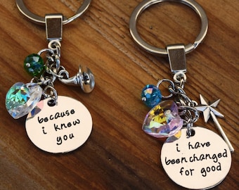 Wicked Musical Best Friends Keychains, Because I Knew You I have been Changed for Good, Elphaba / Glinda Key Chains, Wicked Key Rings Pair