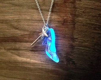 Glow Cinderella Necklace, Glass Slipper Necklace, Magic Wand Necklace, Glow in the Dark, Fairy Godmother Necklace, Little Girl Jewelry Gift