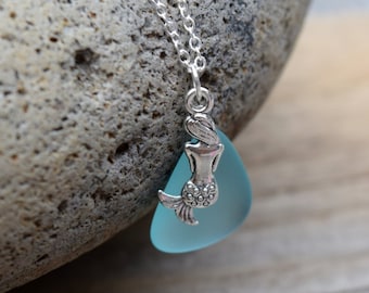 Beach Glass Mermaid Necklace, Little Mermaid Charm on Sea Glass, Blue Tumbled Glass, Silver Mermaid Tear, Ocean Wedding, Beach Wear Jewelry