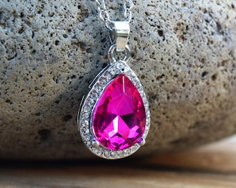 New Sofia Pink Amulet Necklace, Dark Pink Rhinestone Tear Drop Necklace, Sophia Costume, The First Pink Amulet, Magenta Bridesmaids Necklace