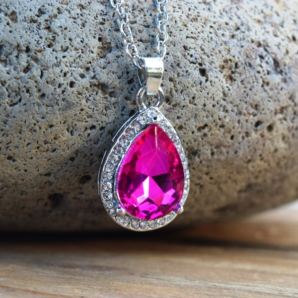 New Sofia Pink Amulet Necklace, Dark Pink Rhinestone Tear Drop Necklace, Sophia Costume, The First Pink Amulet, Magenta Bridesmaids Necklace