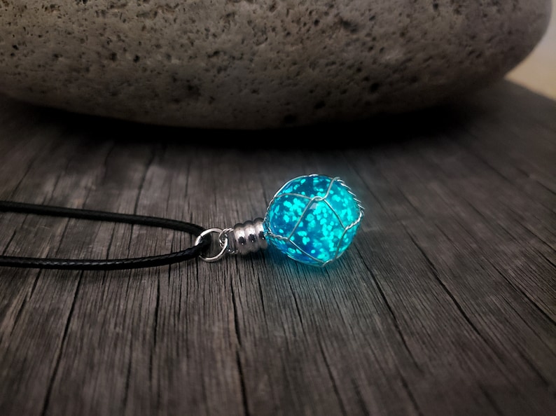 Glow in the Dark Werewolf Moonstone Necklace, Glowing Wire Wrapped Orb Planet, Gift 2 Zombies Fan, Materia, Gamer Geek Gift, Blue or Green image 6