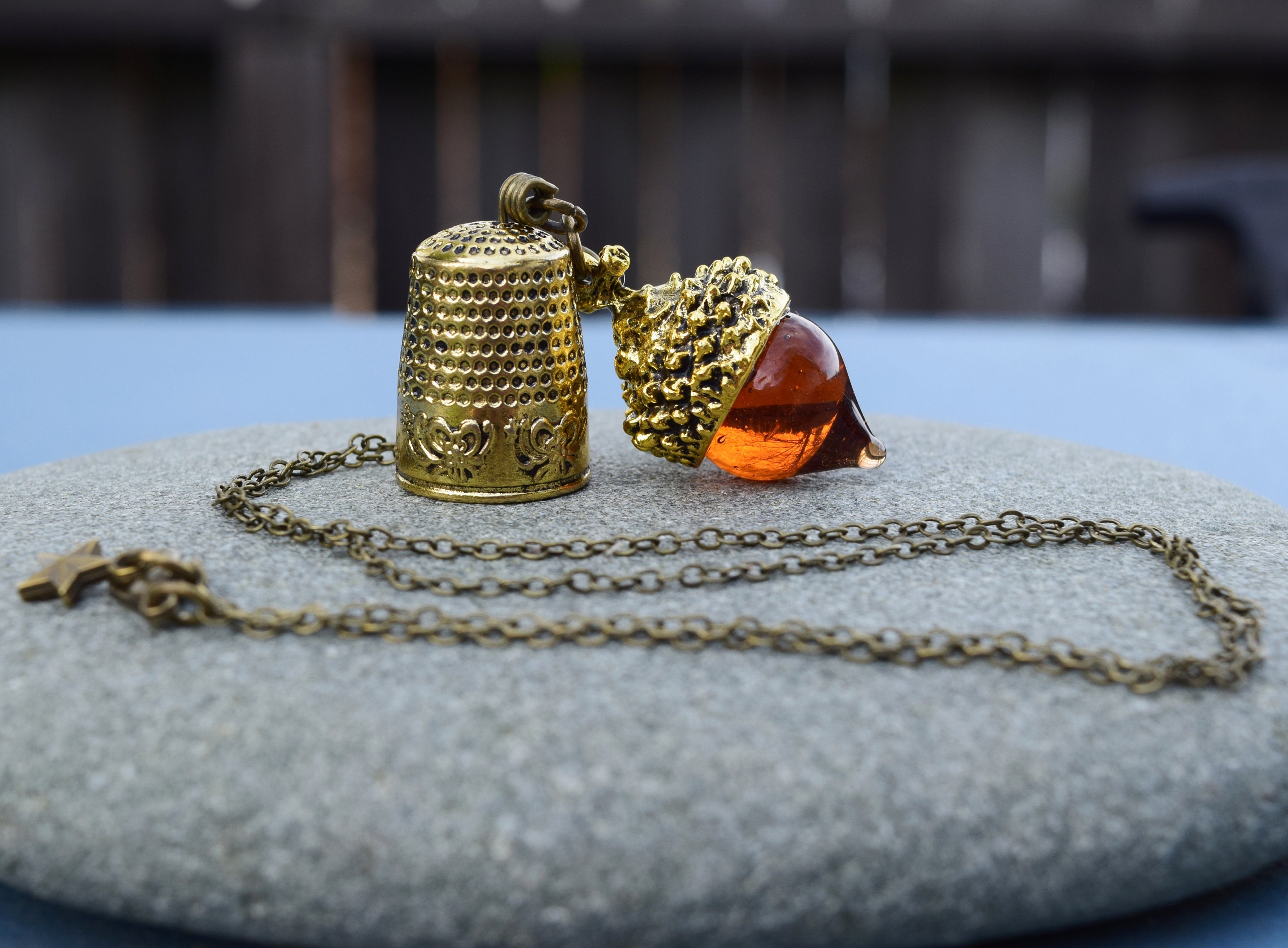 Handmade Fairy Acorn Thimble Charm Necklace – Silver Plated With Diamante, 18" + Extender