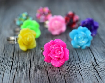 Children's Glitter Flower Ring, Solid Red Rose, Pink, Blue, Purple, Gift for Little Girl, Kidcore Jewelry, Small Sized Ring for Flower Girl