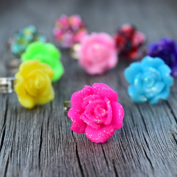 Children's Glitter Flower Ring, Solid Red Rose, Pink, Blue, Purple, Gift for Little Girl, Kidcore Jewelry, Small Sized Ring for Flower Girl