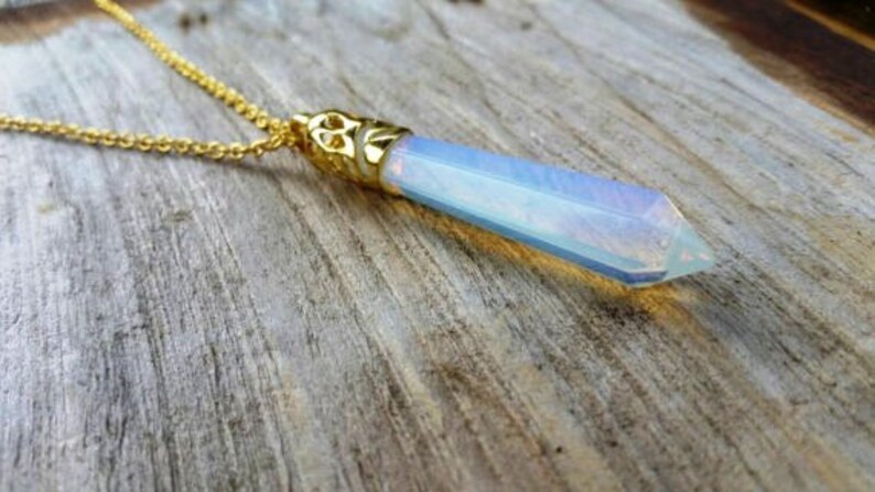 Opalite Moonstone Crystal Necklace, Rainbow Chakra Crystal, Gold or Silver Crystal Necklace, Long, Layering, Short, Hexagonal Point Wand 