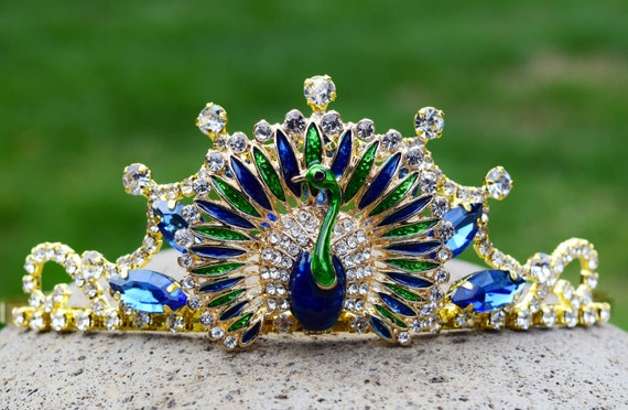 Peacock Tiara, Unique Bird Crown, Baroque Peacock Costume Hair Accessory, Rhinestone Peacock Hair Jewelry, Birder Gift, Masquerade Tiara