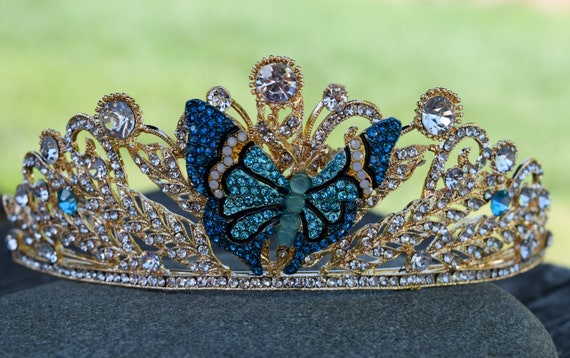 Blue Butterfly Crown, Gold Butterfly Tiara, Something Blue  display picture 2