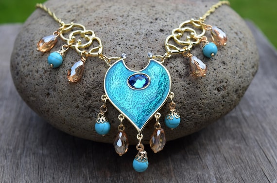 Jasmine Aladdin Necklace, 2019 Movie Reproduction, Blue Teal Green Gold Princess Necklace, Jasmin Cosplay Costume, Adult or Child Sizes