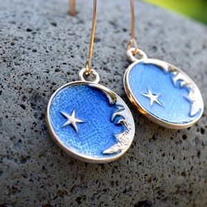 Celestial Moon Face Earrings, Navy Blue Gold Tone Crescent Moon Earrings with Star, Spiritual Jewelry, V Shape Ear Wire, Long Moon Earrings