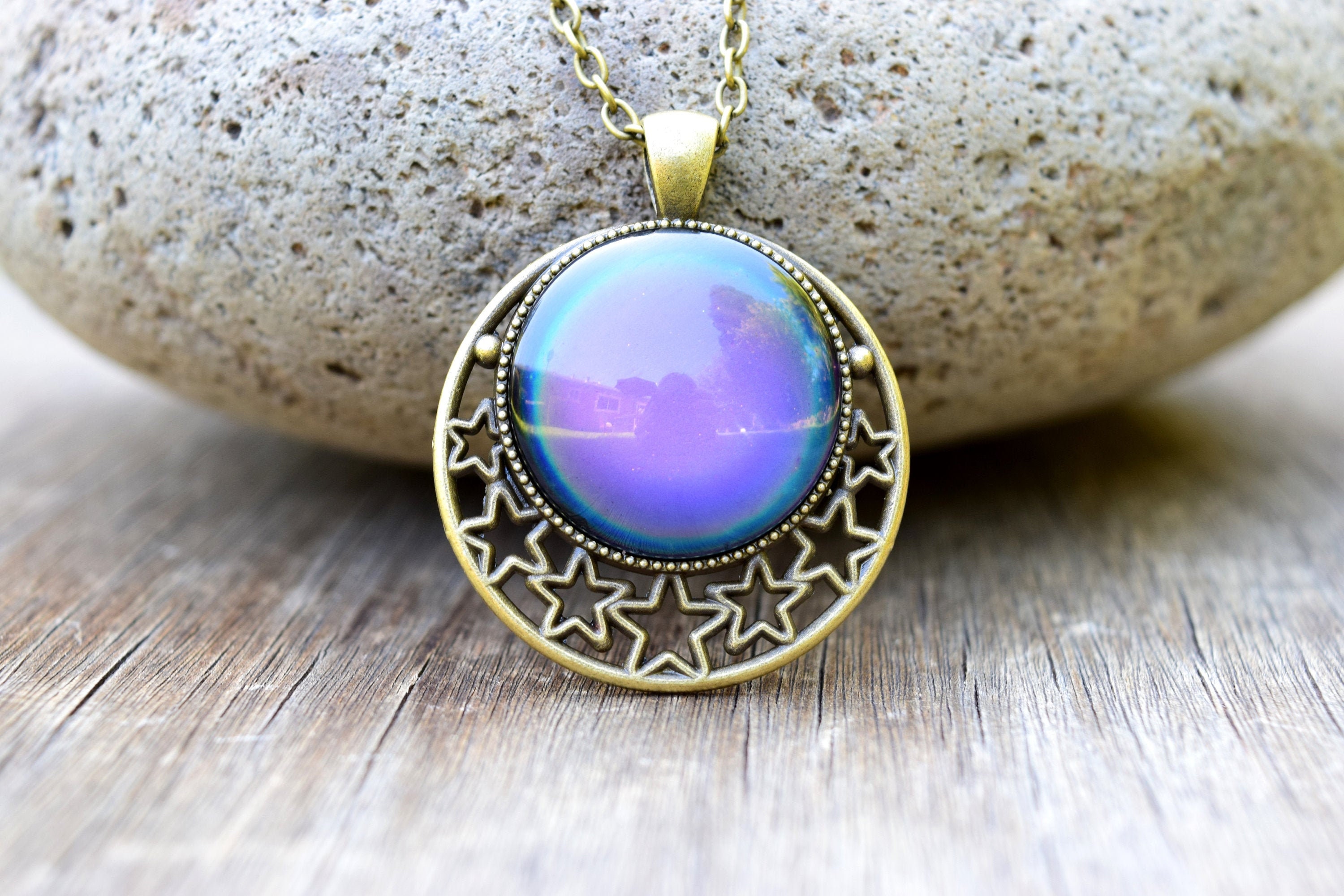 Mood Necklace with Stars, Large Mood Pendant, Celestial Spiritual Jewelry,  Moon with Stars Necklace, Color Changing Temperature Necklace