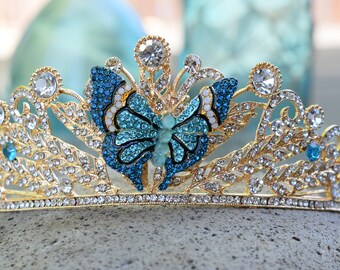 Blue Butterfly Crown, Gold Butterfly Tiara, Something Blue, Flower Girl Headband, Rhinestone Butterfly, Cinderella Butterfly Princess