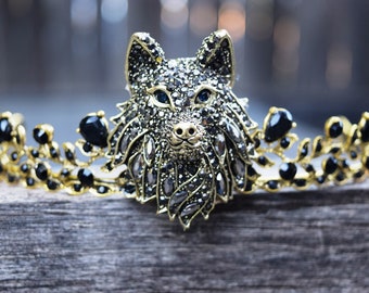 Wolf Crown, Black and Gold Rhinestone Wolf Head Tiara, House of Stark Costume Crown, Medieval Tiara, Ren Renaissance Faire Costume Headband