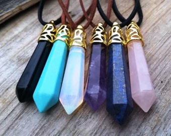 Crystal Necklaces, Stone Necklace Faux Leather, Moonstone Opalite, Lapis Lazuli, Rose Quartz,  Turquoise, Amethyst, Unisex, Men's