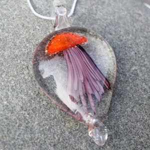 Pu&ograve; includere: Una collana con un ciondolo di vetro con un design a forma di medusa rossa e viola. Il ciondolo ha la forma di una lacrima e pende da una catena d'argento.