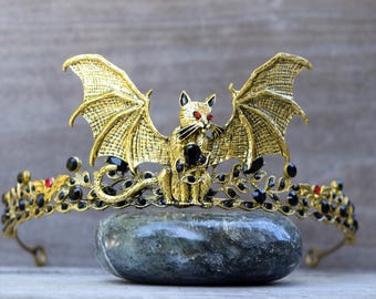 Halloween Crown, Cat Bat Black and Gold Rhinestone Tiara, Medieval Tiara, Vampire Crown, Gothic Headband, Cat with Bat Wings Crown
